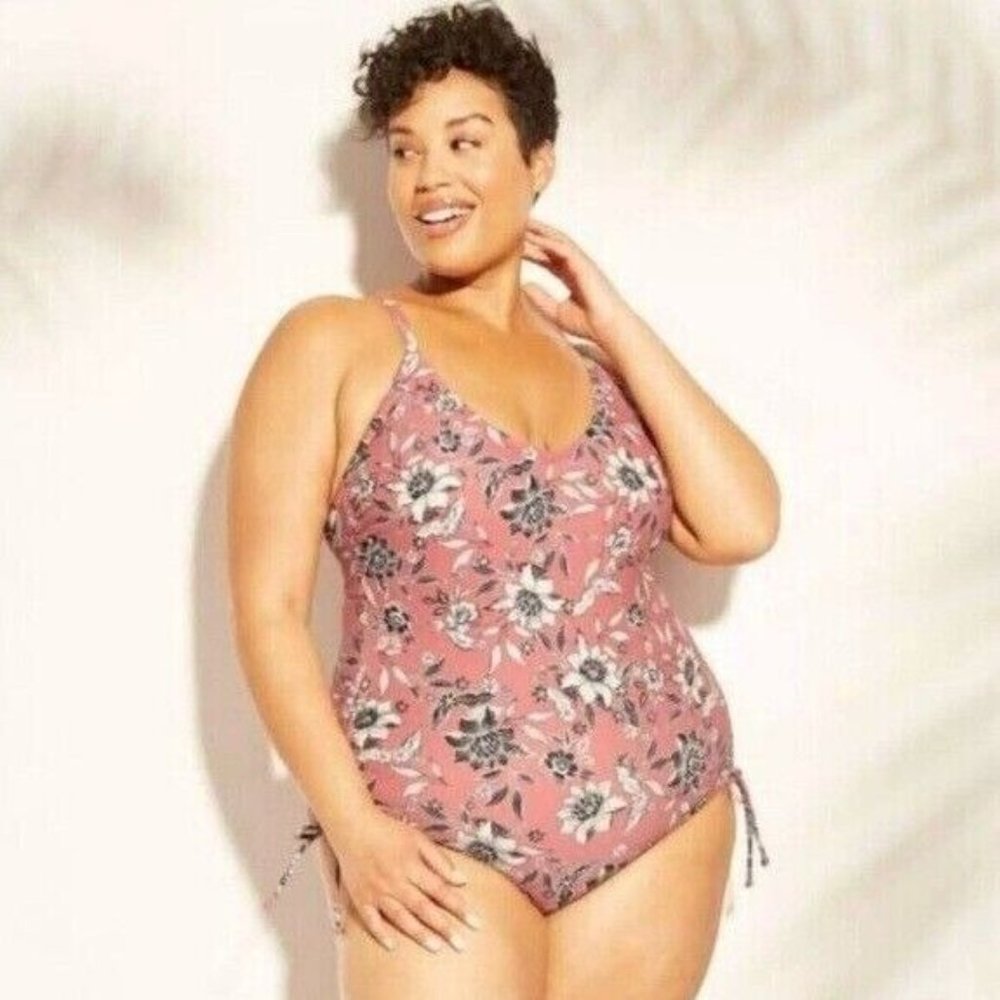 Kona Sol Swimsuit One Piece Pink Floral Print V Neck Side Cinch - Picture 1 of 12
